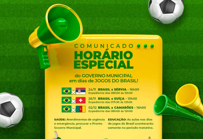 Prefeitura terá horários especiais em dias de jogos da Seleção Brasileira na Copa do Mundo